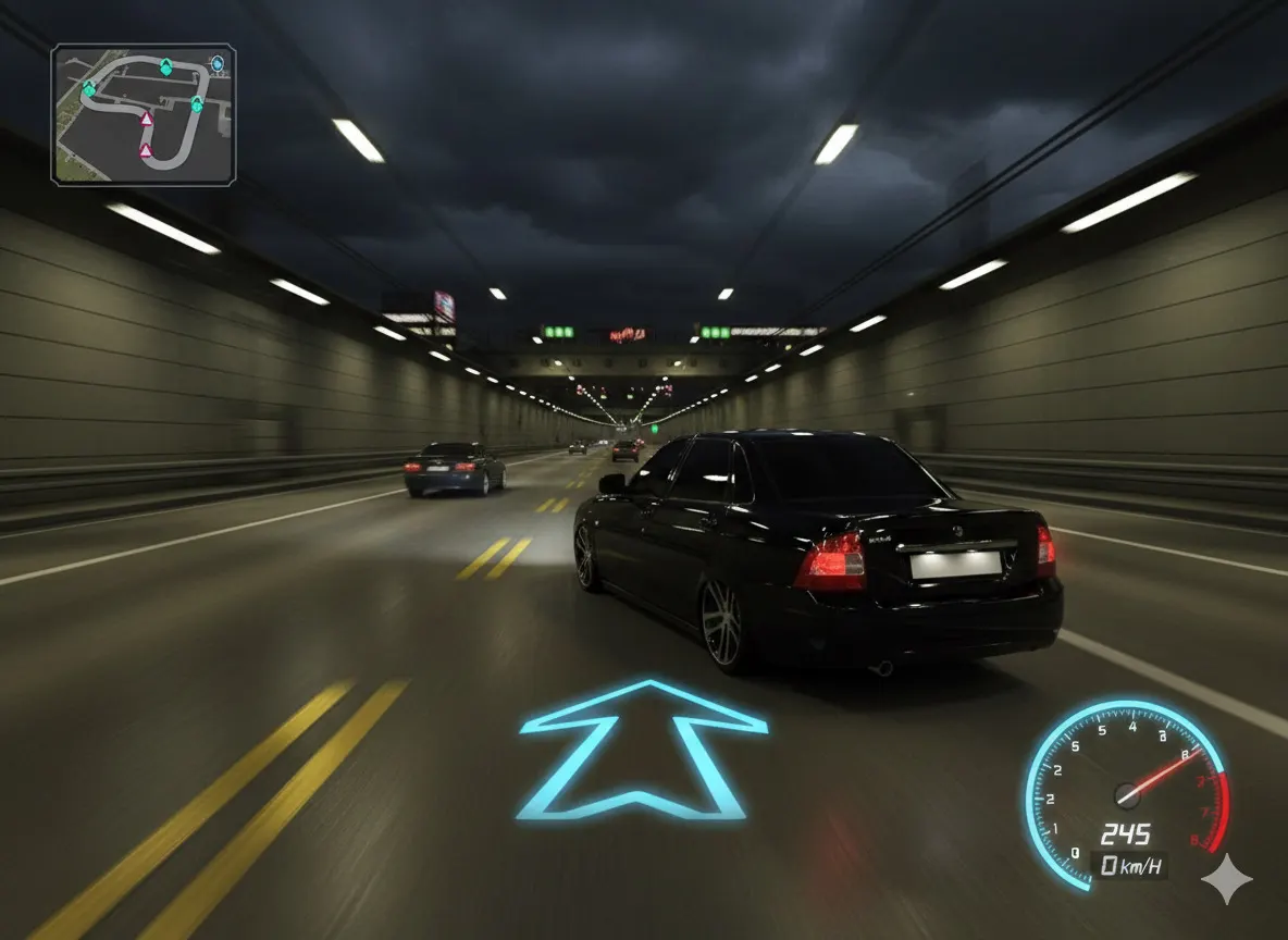 Промт для генерации ночной аркадной гоночной сцены в туннеле в стиле Need for Speed Underground 2 через нейросеть ИИ