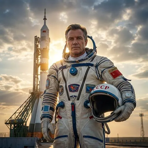 Промт фотосессия космонавта с вашим лицом у ракеты на Байконуре