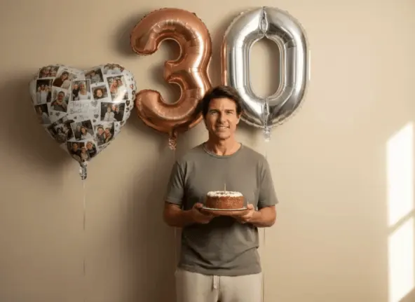 Промт на день рождения: Уютный домашний birthday‑портрет мужчины «30 лет» с тортом и шарами