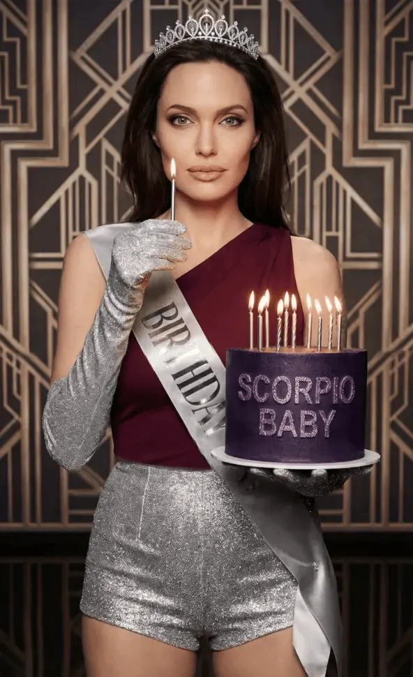 Промт на день рождения: Гламурный ар-деко портрет «Scorpio Baby» с тортом