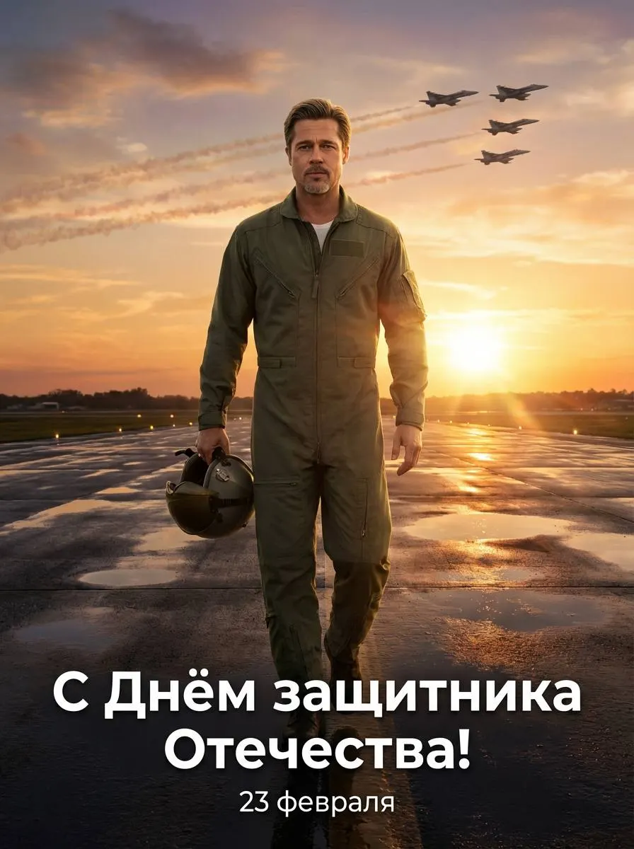 Пилот на военном аэродроме на закате с поздравлением С Днём защитника Отечества промт для генерации фото через ии
