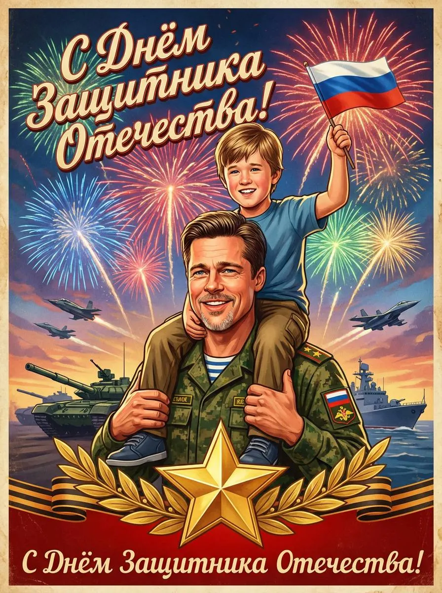 Открытка промт на 23 февраля с папой и сыном, салютом, танками и поздравлением с Днём Защитника Отечества