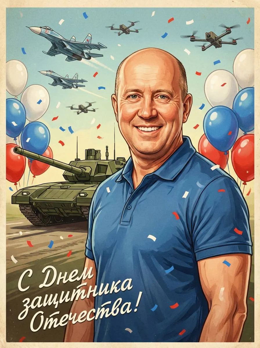 Промт на 23 февраля: винтажная советская открытка с фото через ИИ, танком Т‑14 и шарами в цветах флага