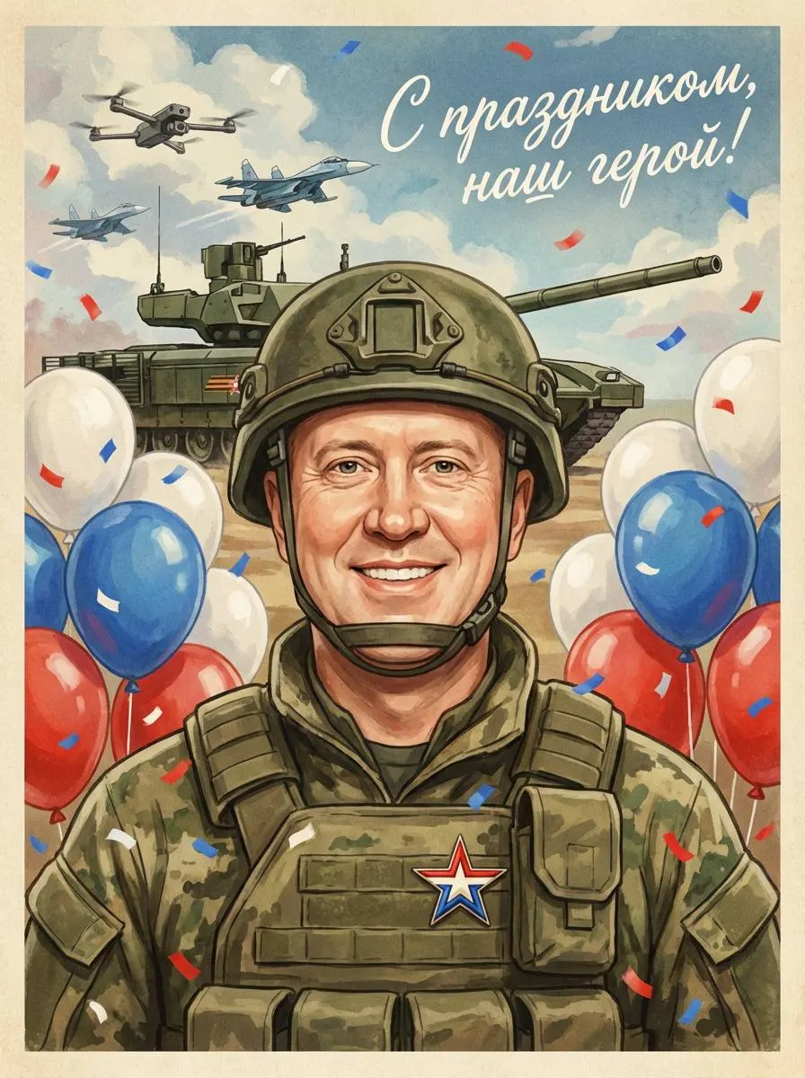 Промт на 23 февраля: винтажная советская открытка с фото через ИИ и военной тематикой