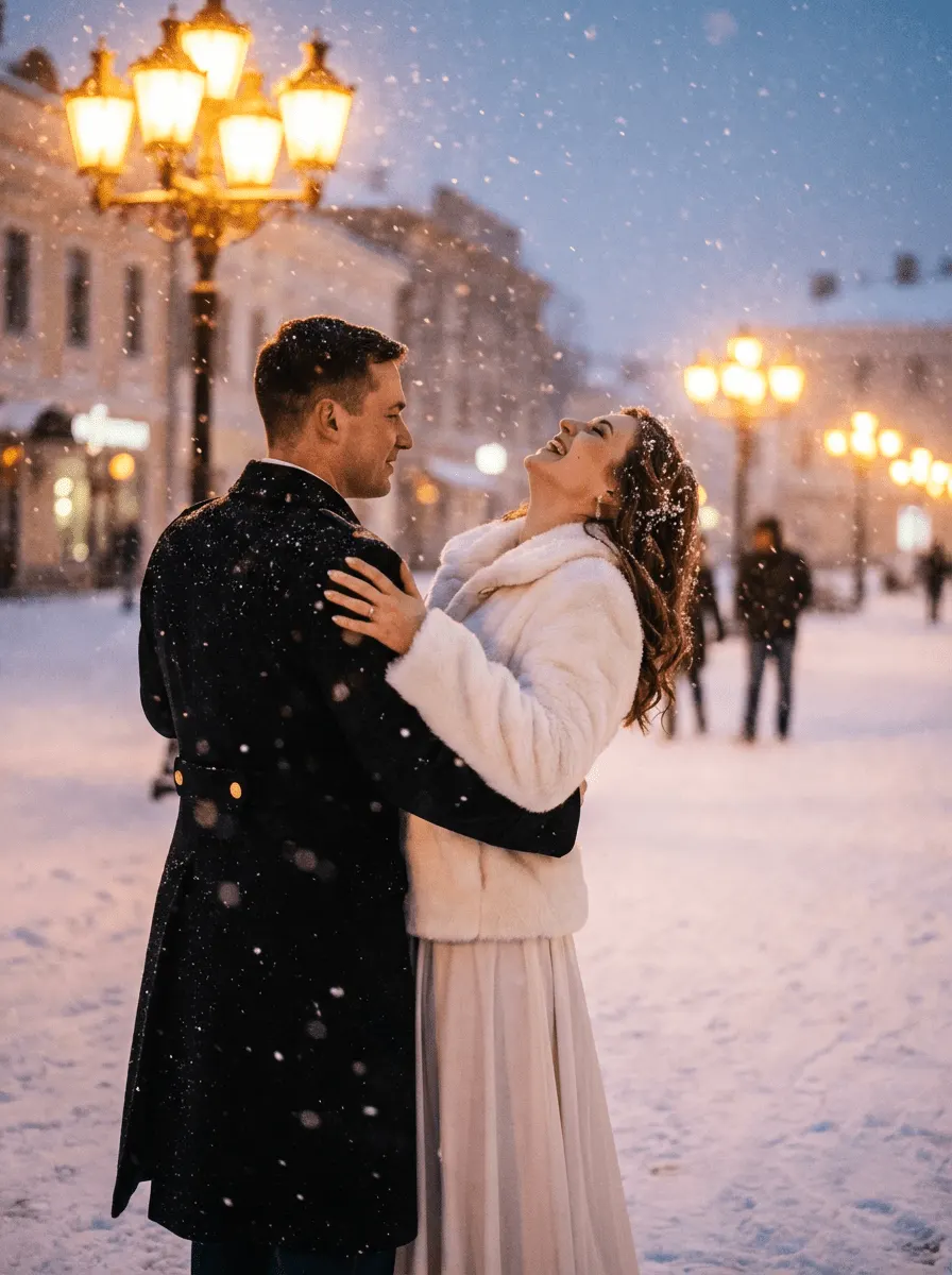 Промт зимний вальс на снегу с загруженными лицами: мужчина и женщина кружатся на заснеженной площади вечером
