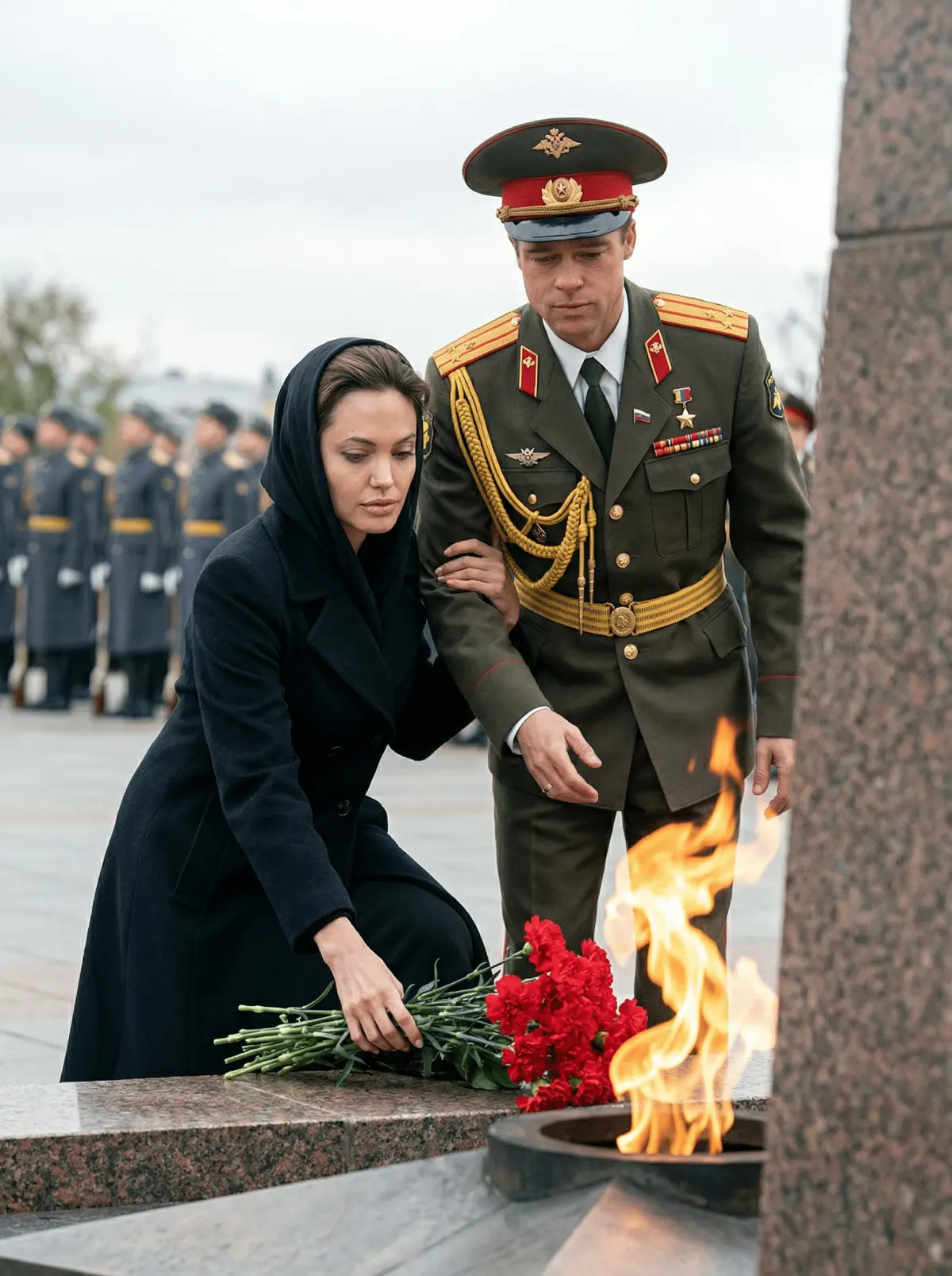 Промт торжественное фото у Вечного огня с возложением цветов на 23 февраля через нейросеть ИИ