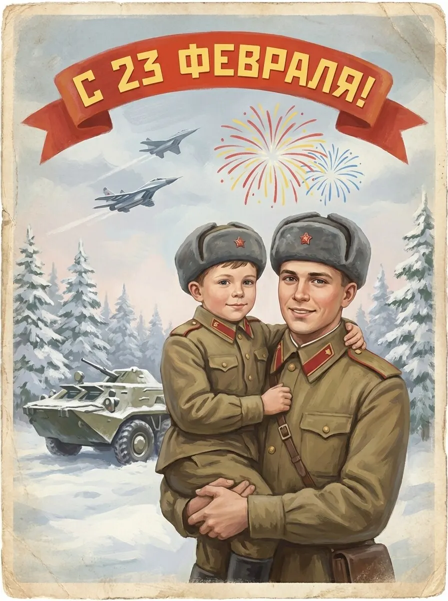 Промт ретро-открытка отец и сын к 23 февраля: молодой военный с мальчиком на руках в зимнем пейзаже