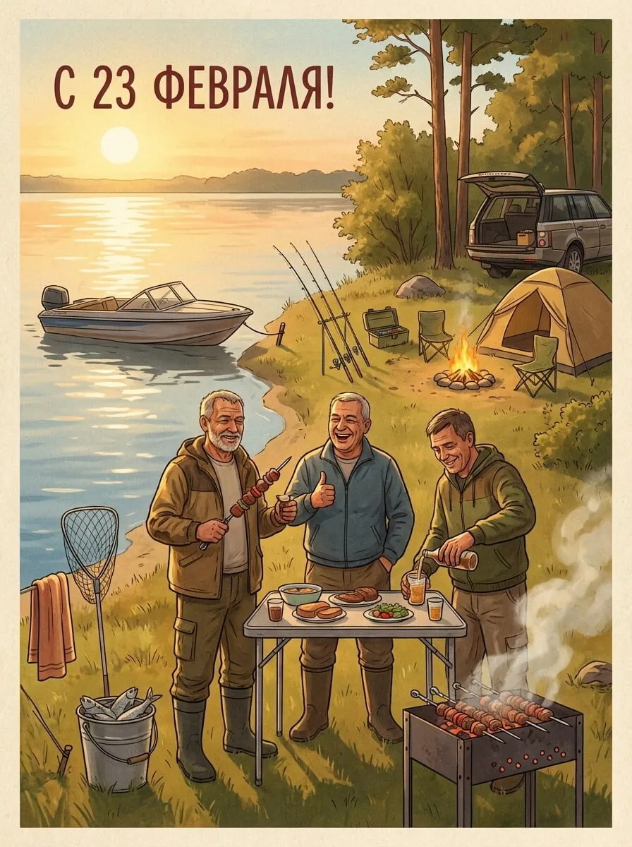 Промт мужская рыбалка к 23 февраля: трое друзей у озера с мангалом, лодкой и Range Rover в винтажном стиле