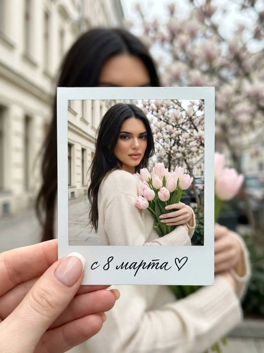 Промт Polaroid фотосессия: рука держит фото с человеком и букетом розовых тюльпанов на весенней улице к 8 марта