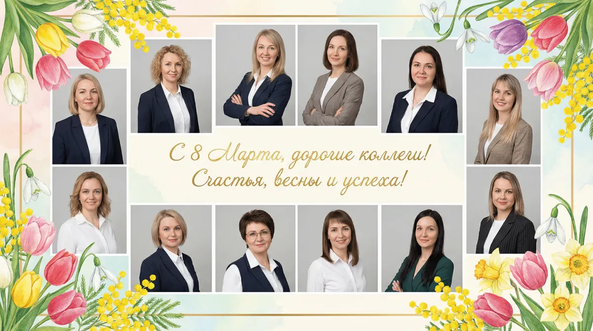Промт для фото открытки на 8 марта для женского коллектива в едином стиле