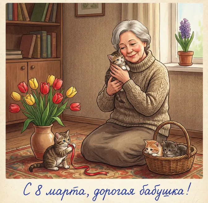 Фотосессия с котятами на 8 марта для дорогой бабушки в стиле советской открытки промт для ИИ