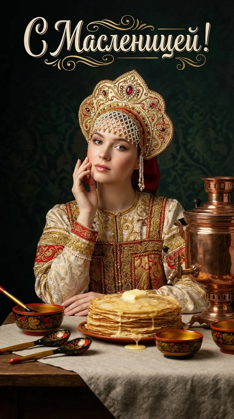 Промт на Масленицу: советская сказочная открытка с девушкой в кокошнике за столом с самоваром и блинами, нейросеть ИИ по фото лица