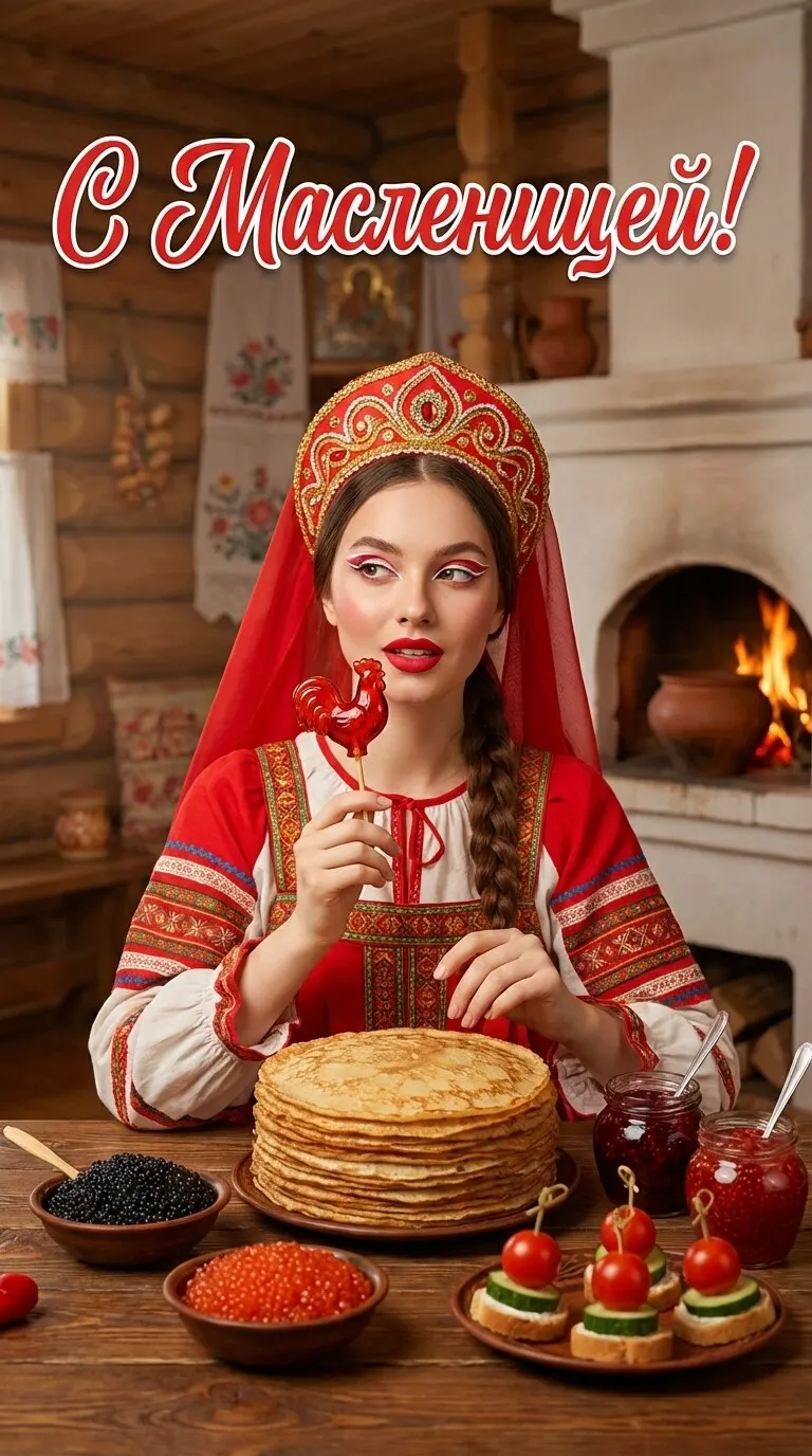 Промт на Масленицу: девушка в красной фате за масленичным столом в деревенском доме, советская сказочная открытка, нейросеть ИИ по фото