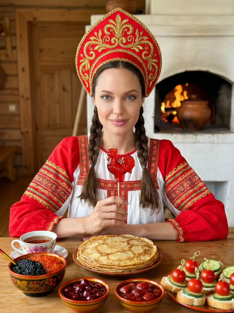 Масленичная фотосессия русской красавицы за столом с блинами и леденцом петушком — промт для нейросети ИИ с точным совпадением лица 1 к 1