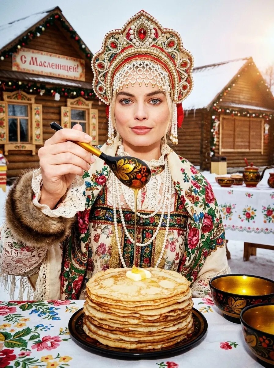 Фотореалистичная масленичная фотосессия с медом, блинами и хохломой — промт для нейросети ИИ с сохранением лица с фото