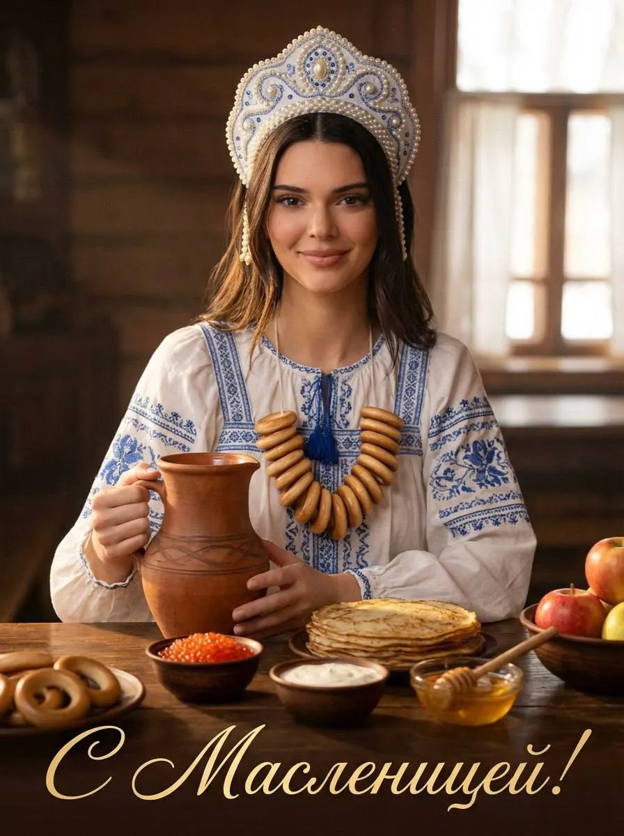 Промт на Масленицу: девушка за деревенским столом с блинами и самоваром для генерации фото через ИИ