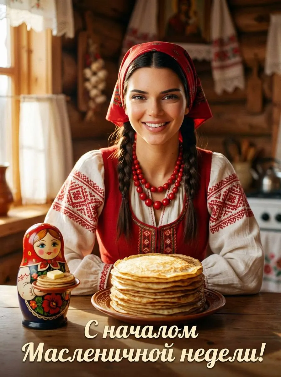 Промт на Масленицу: тёплая деревенская кухня с блинами и девушкой в русском народном образе с надписью «С началом Масленичной недели!»