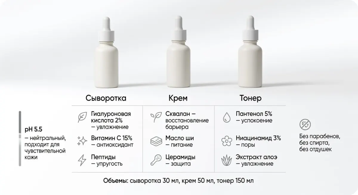 Пример промта: Инфографика состав и польза набора ухода для лица