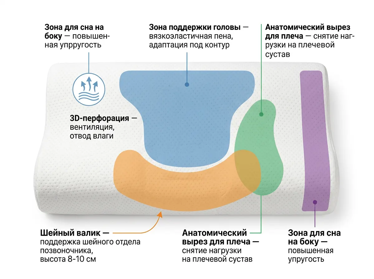 Пример промта: Инфографика анатомическая схема ортопедической подушки свойства