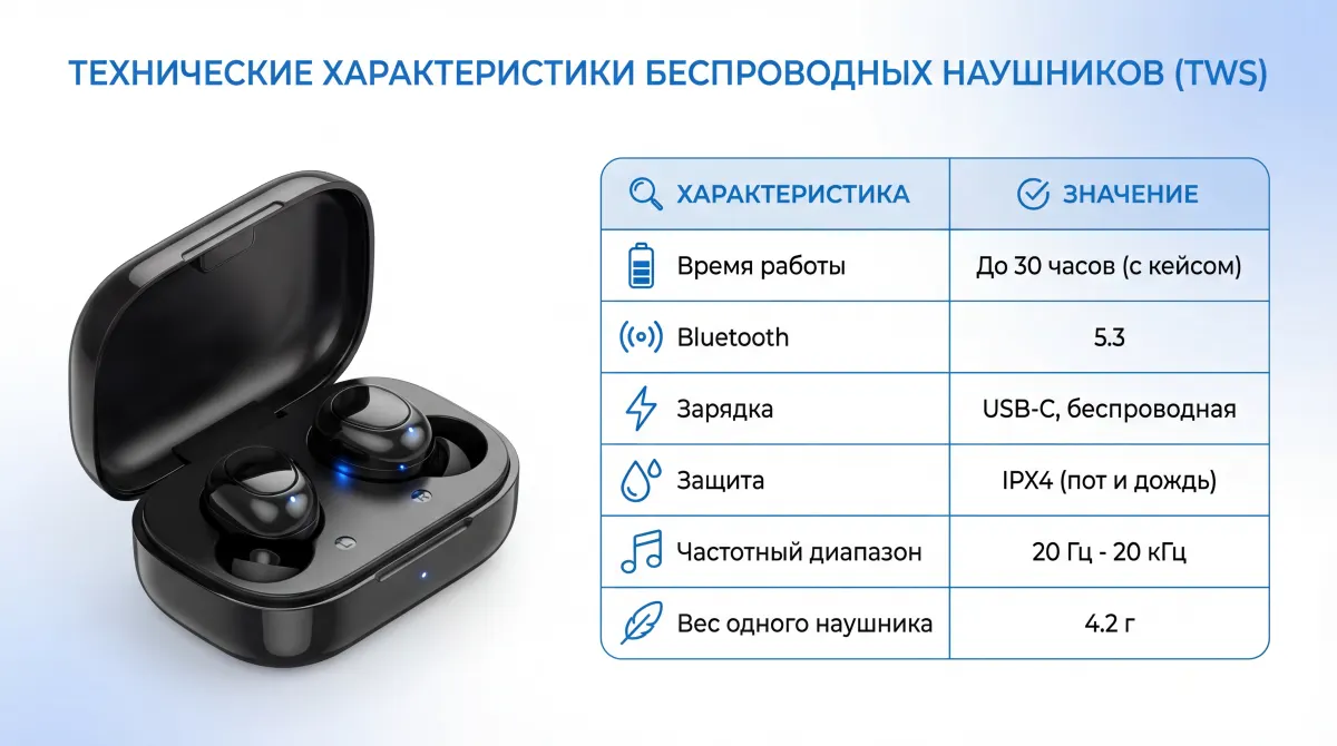 Пример промта: Инфографика характеристики TWS наушников таблица