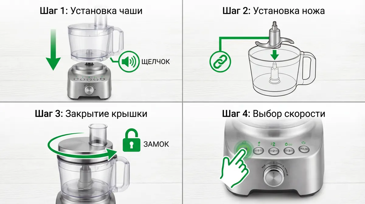 Пример промта: Инфографика сборка кухонного комбайна пошагово