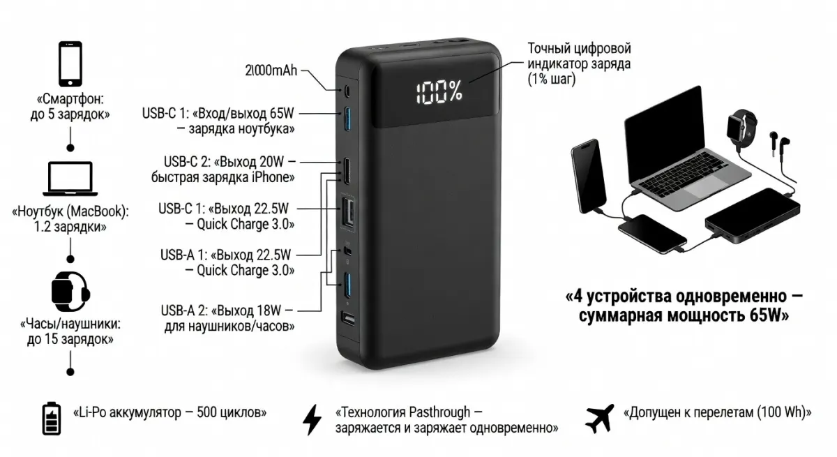 Пример промта: Инфографика power bank 20000 мах таймлайн зарядки и порты