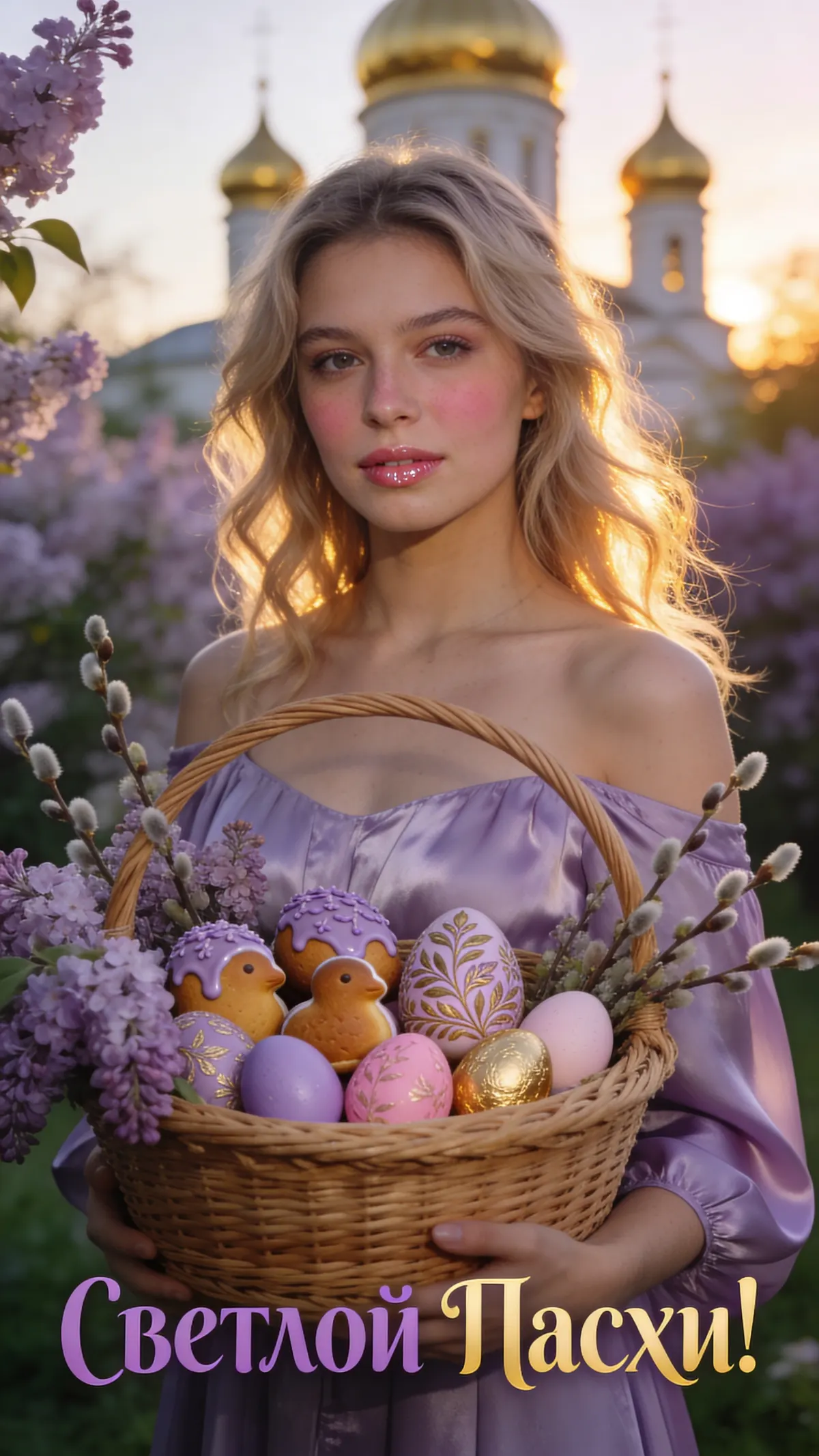 Промт пасхальная фотосессия девушки в лавандовом платье с корзиной куличей и сирени в цветущем саду при закатном солнце
