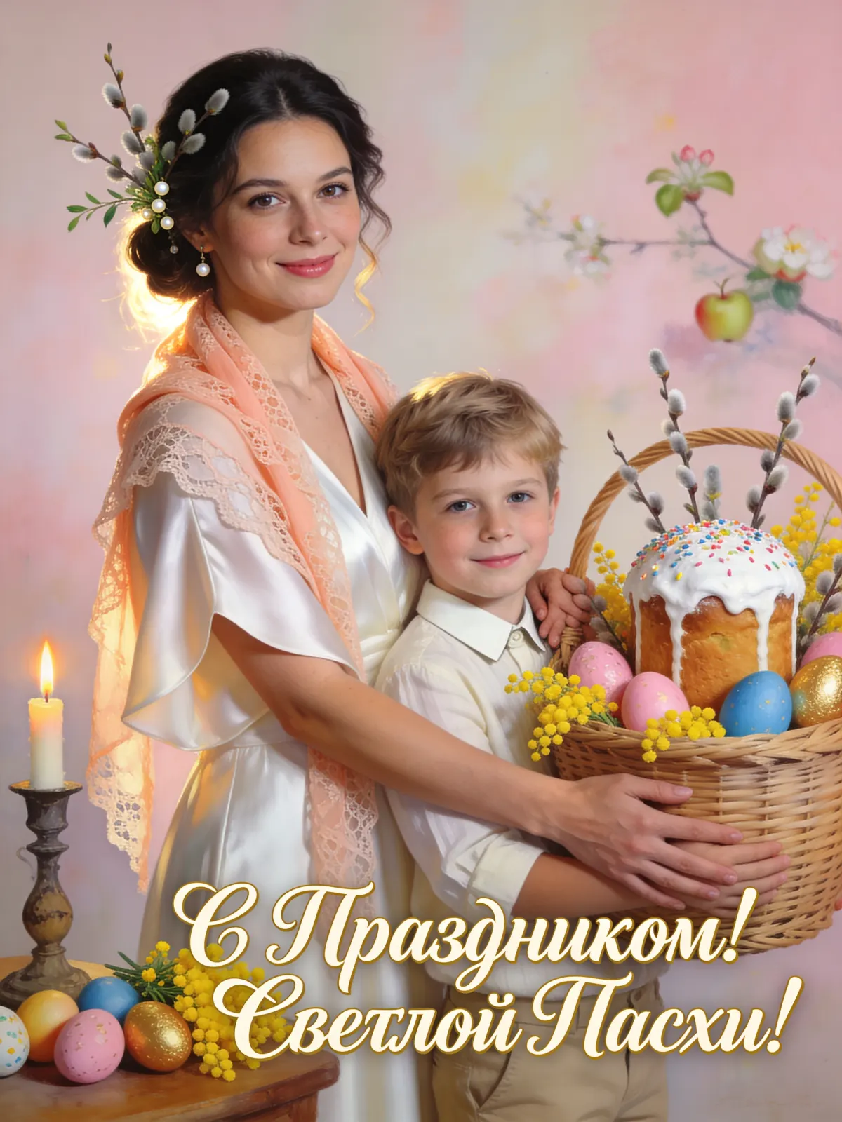 Промт пасхальная фотосессия мамы с сыном с корзиной куличей яиц и мимозы в мягкой масляной живописи