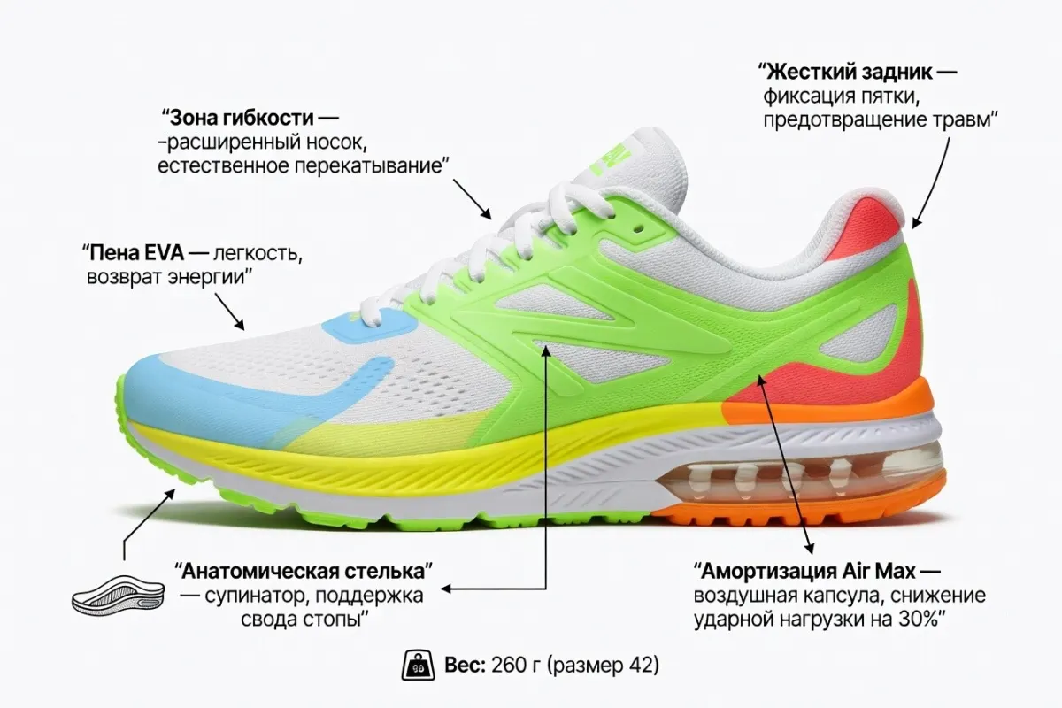 Пример промта: Анатомическая инфографика беговых кроссовок технологии