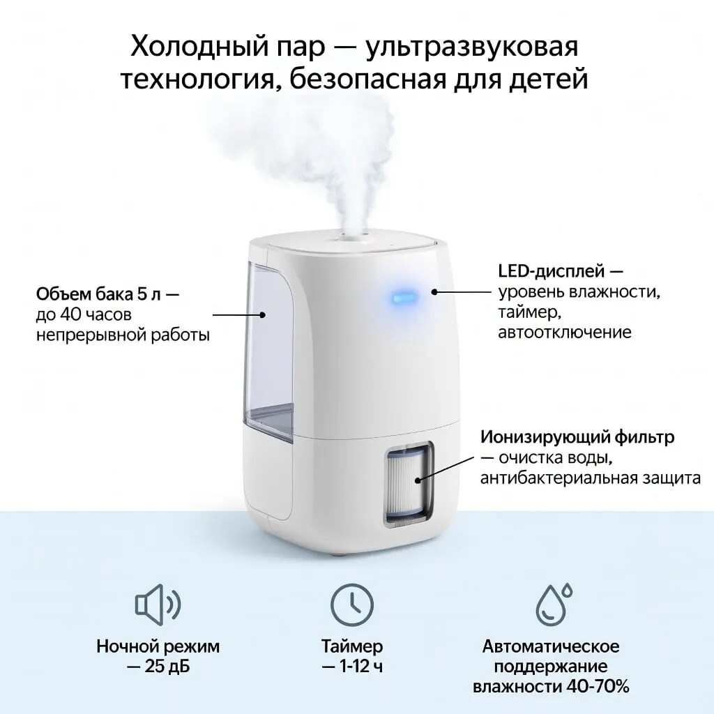 Пример промта: Маркетплесов схема работы ультразвукового увлажнителя воздуха функции
