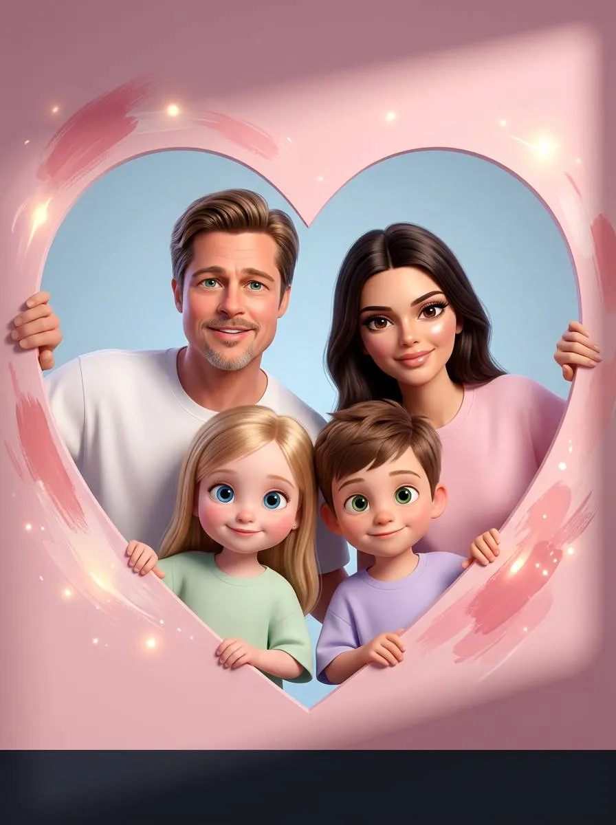 Промт 3D портрет семьи в стиле Disney внутри сердечного окна на нежно‑розовом фоне через ИИ