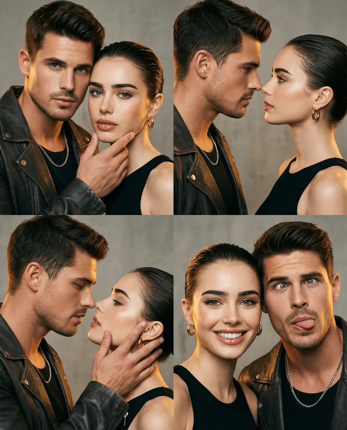Фотореалистичный коллаж фотобудка промта 2х2 с парой в стиле editorial с четырьмя крупными портретами по плечи ​