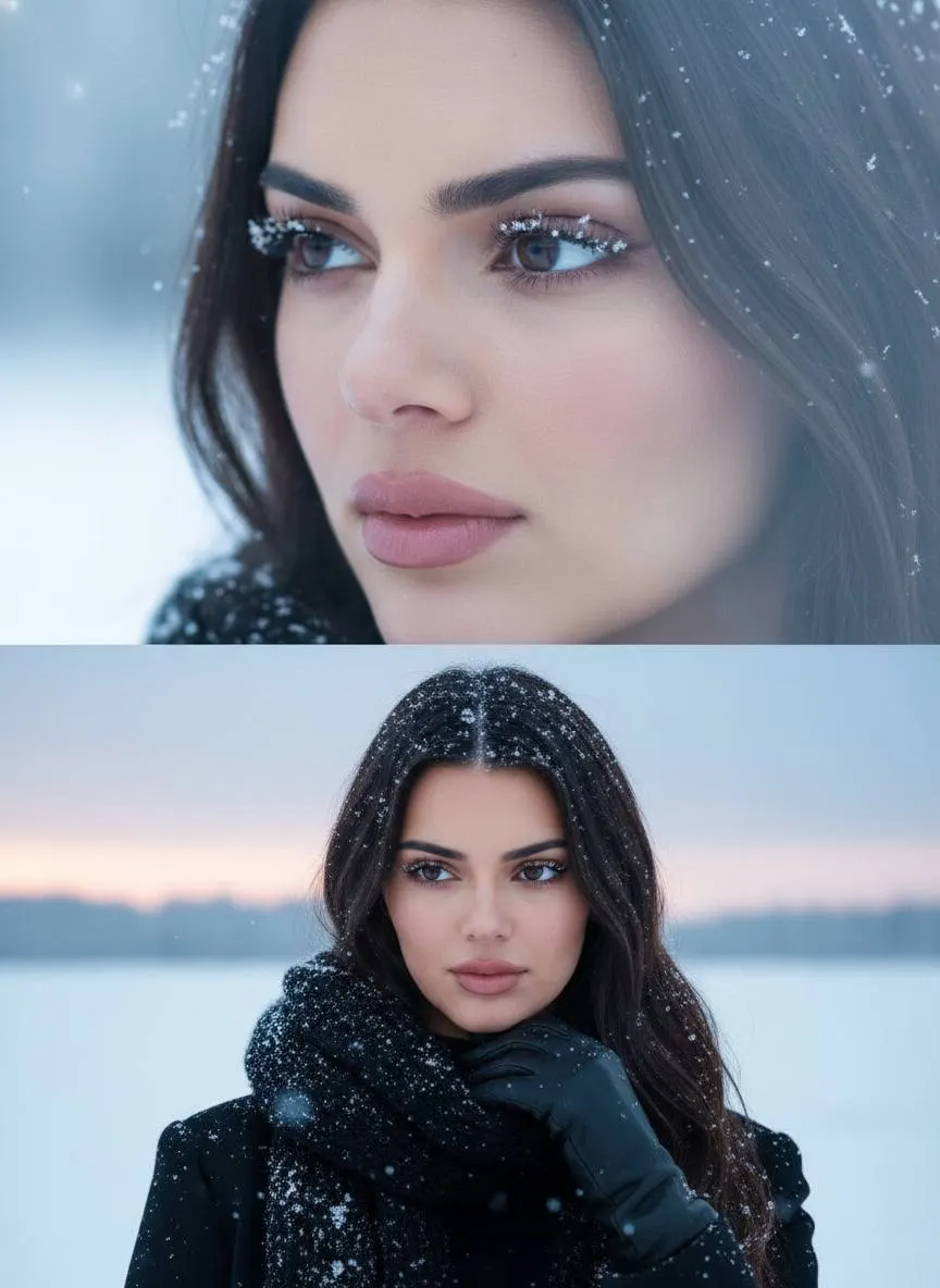 Промт зимний фотореалистичный коллаж двух фото девушки с шарфом и снегом через нейросеть ИИ