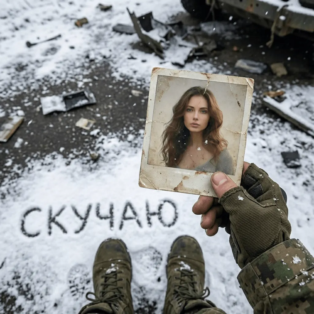 Реалистичная военная ИИ фотосессия сверху: берцы на снегу и Polaroid‑фото «СКУЧАЮ» промтом