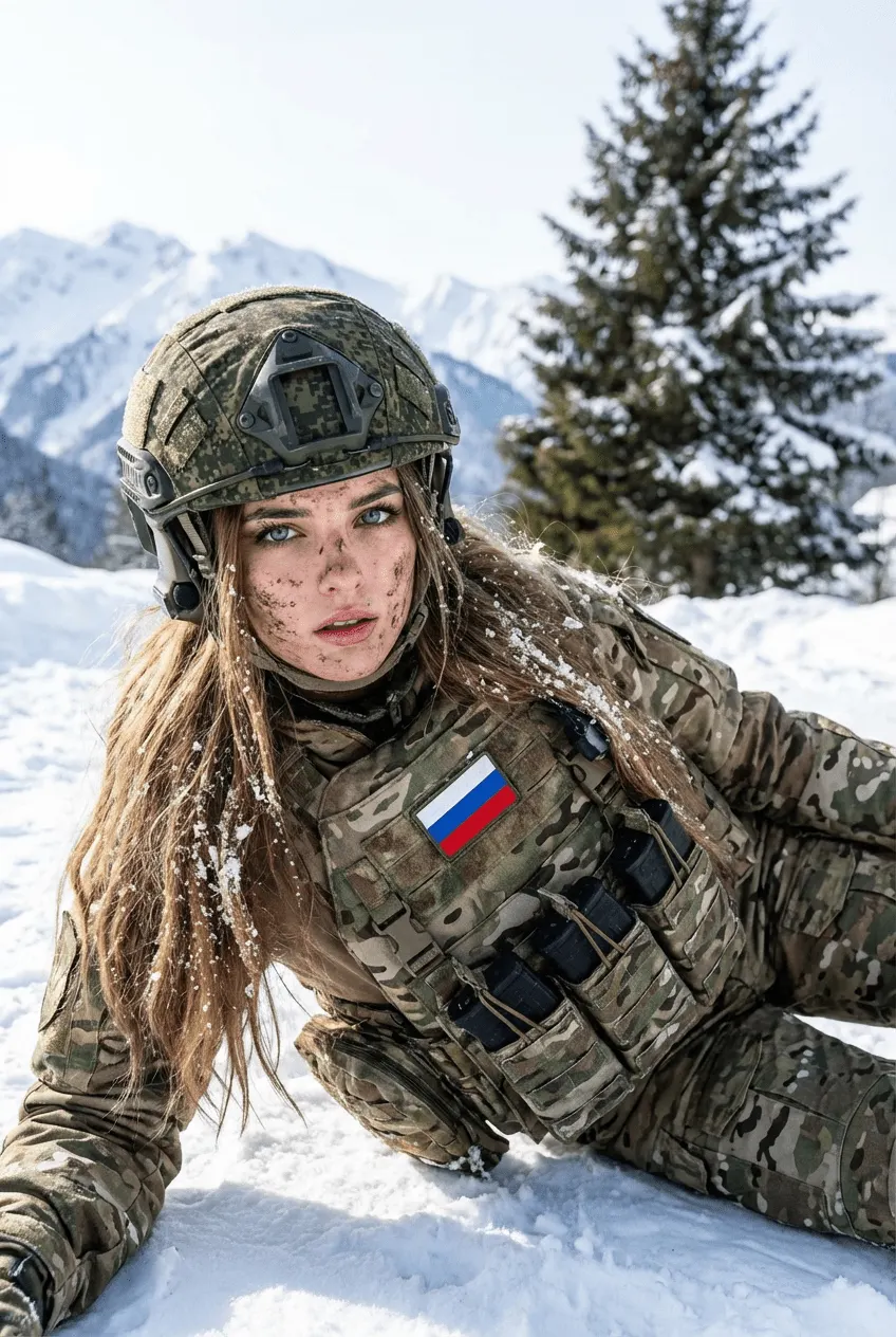 Драматическая зимняя ИИ фотосессия девушки в военной форме мультикам на снегу промтом