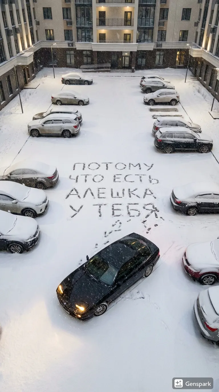 Ночная зимняя парковка элитного дома с вытоптанной надписью на снегу