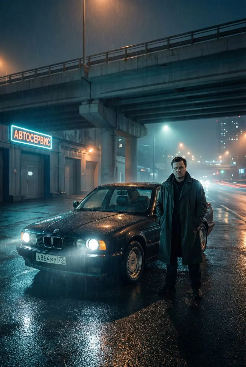 Мужчина рядом со своей BMW, криминальный кинопостер