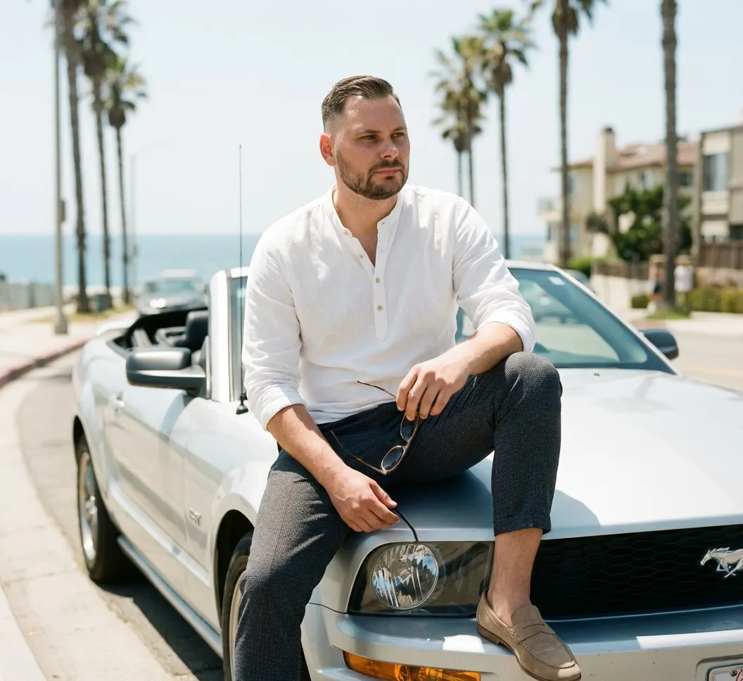 Калифорнийский стиль - фотосессия мужчины с кабриолетом Ford Mustang