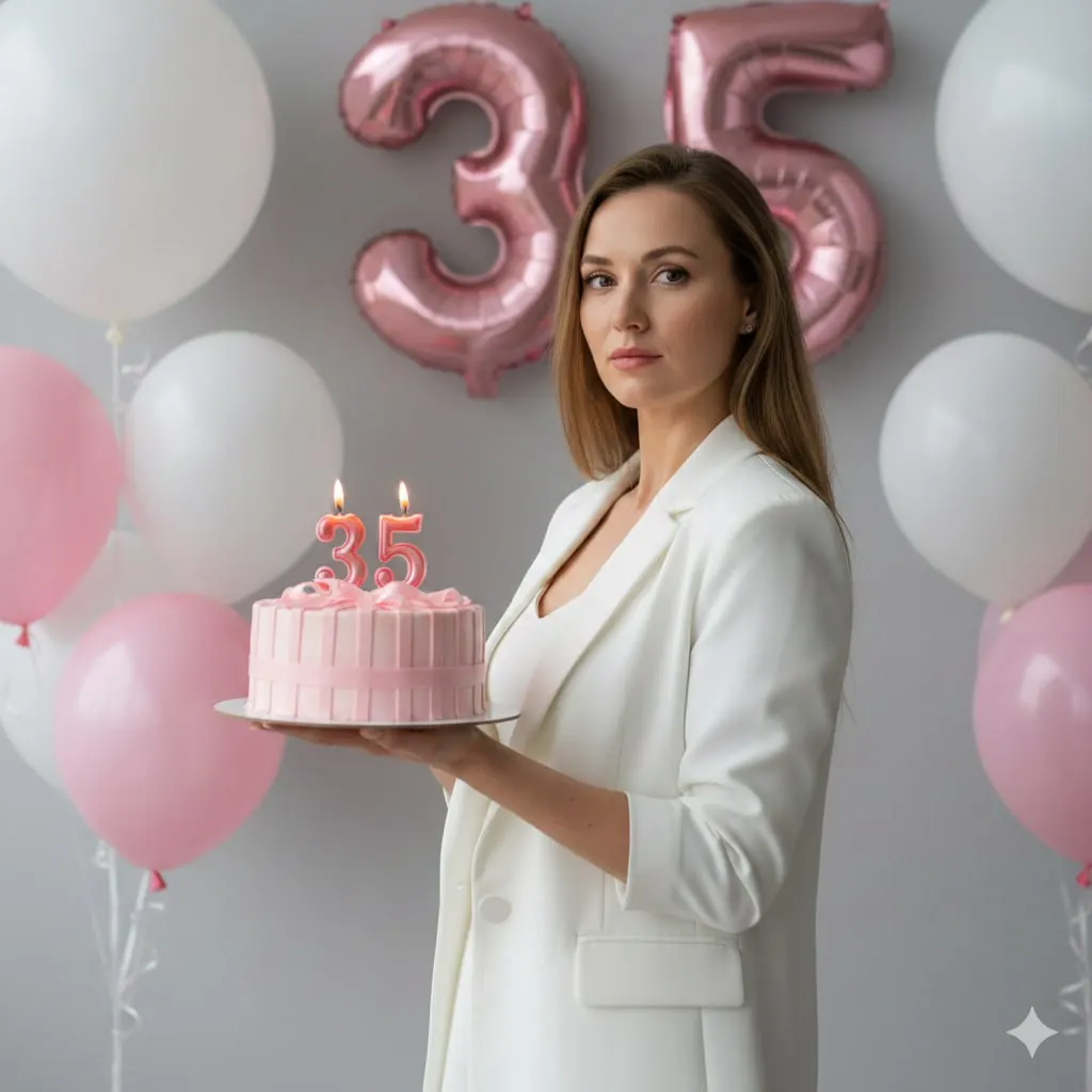 День рождения 35 лет - девушка с тортиком и шариками