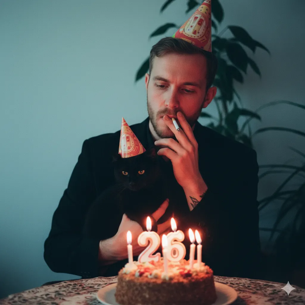 День рождения мужчины с котом, 26 лет