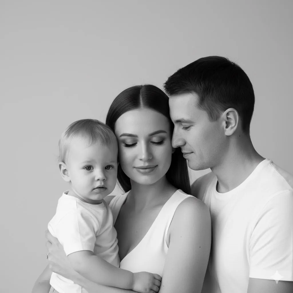 Семейная черно-белая фотосессия втроем в белой одежде
