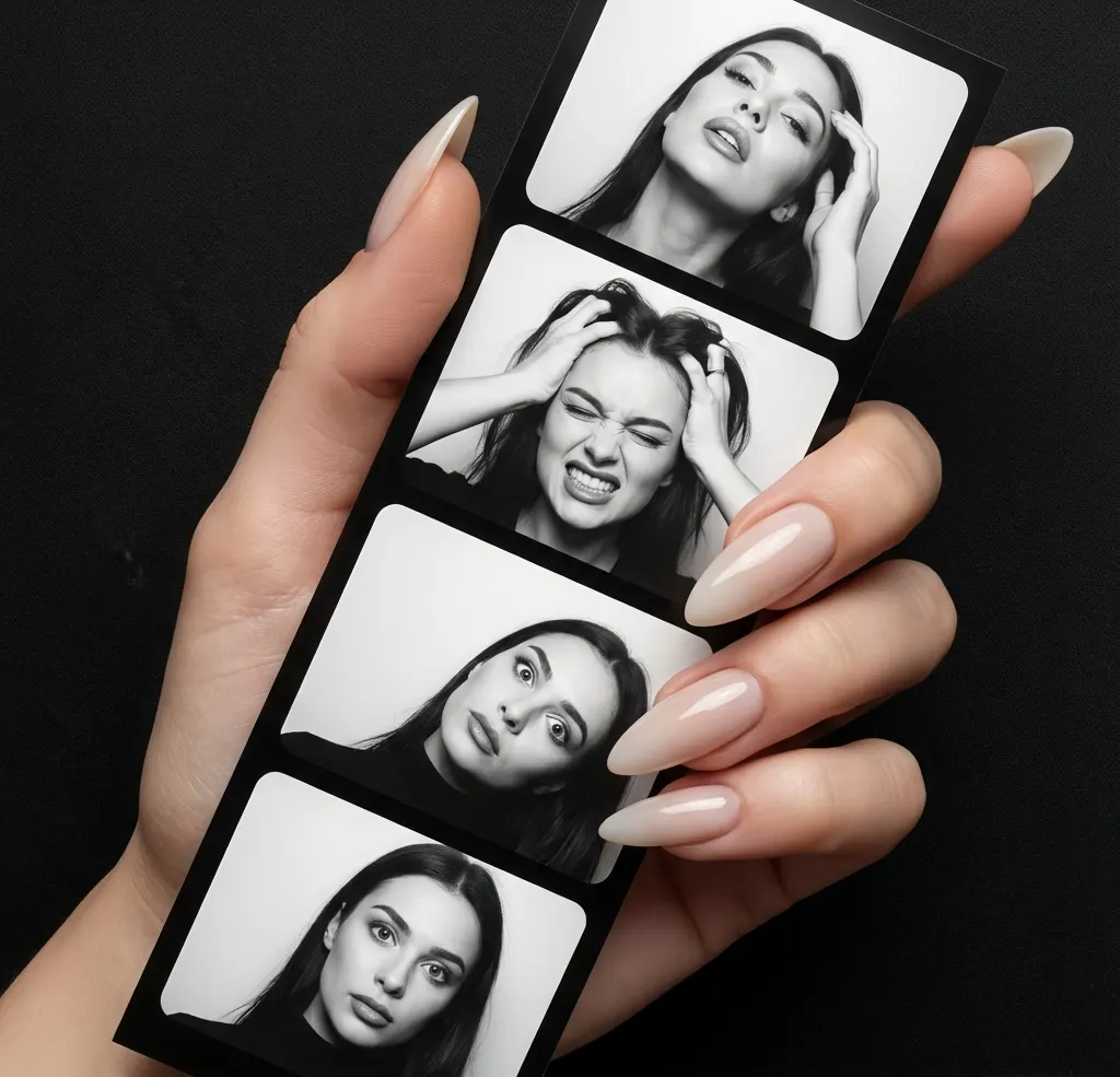 Промпт лента чёрно-белых фотографий из фотобудки с девушкой