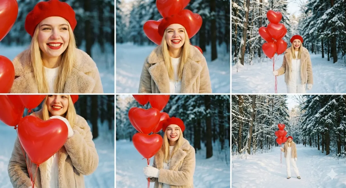 Коллаж - романтическая зимняя фотосессия в лесу на 14 февраля с красными шарами-сердцами