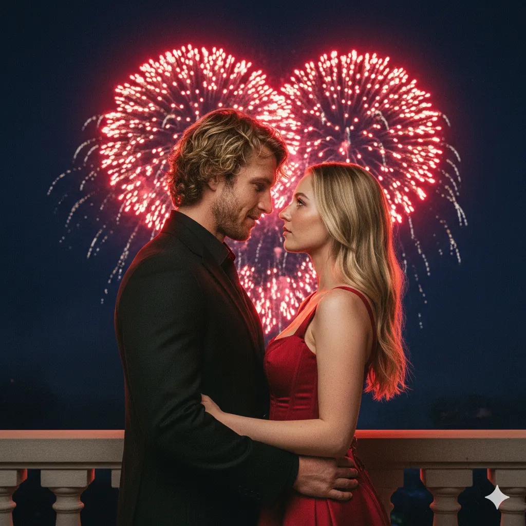 Влюбленная пара и фейерверк в виде сердца на 14 февраля