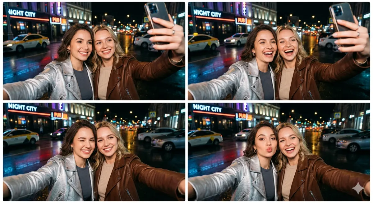 4 селфи двух подруг, коллаж на фоне ночного города