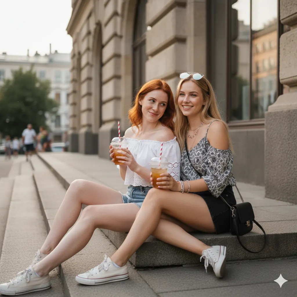 Подруги на ступеньках в летний день