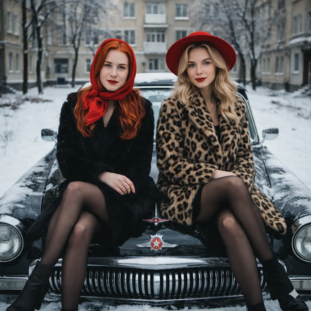 Промпт для подруг - Гламурная фотосессия в советском дворе на капоте Волги