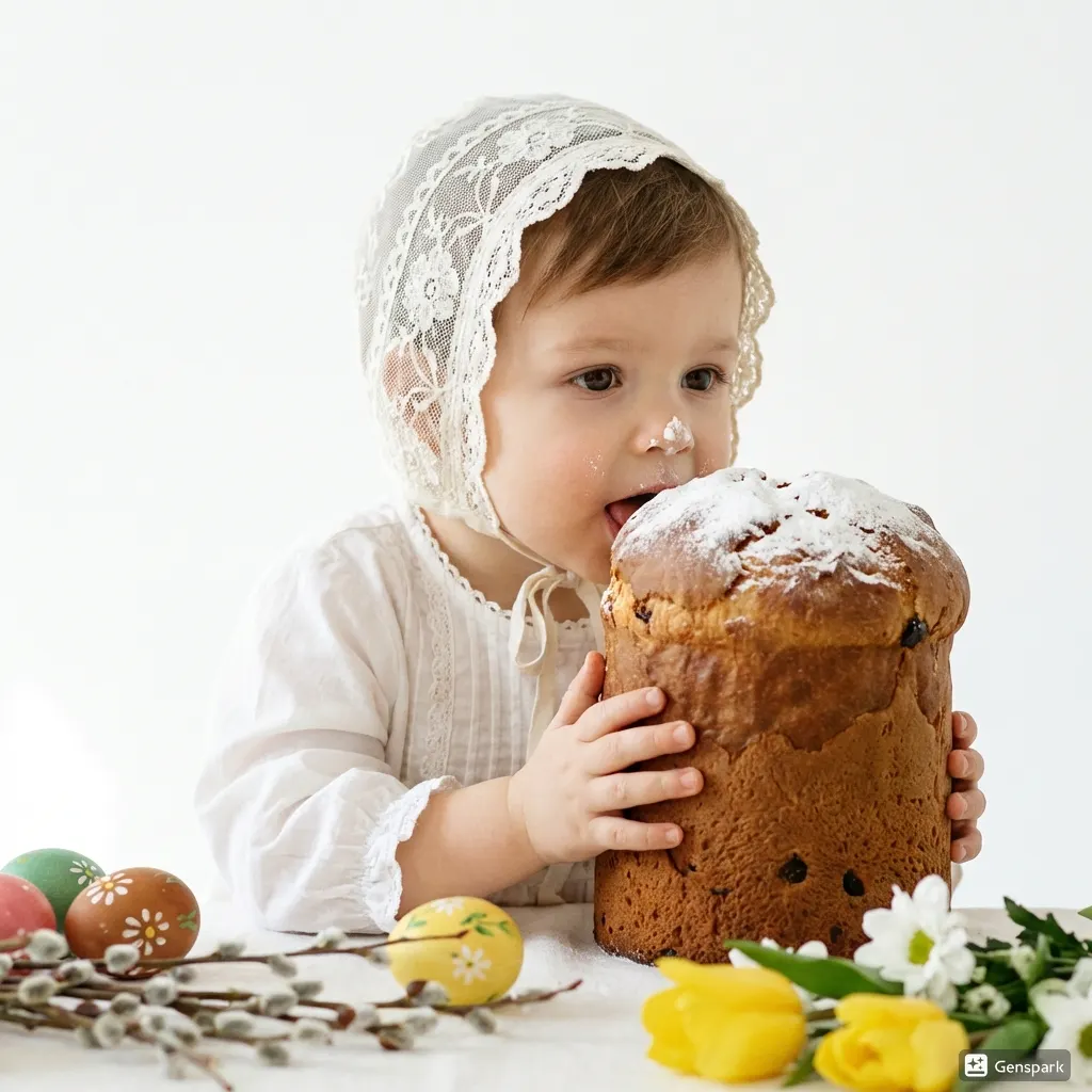 Мальчик кушает кулич