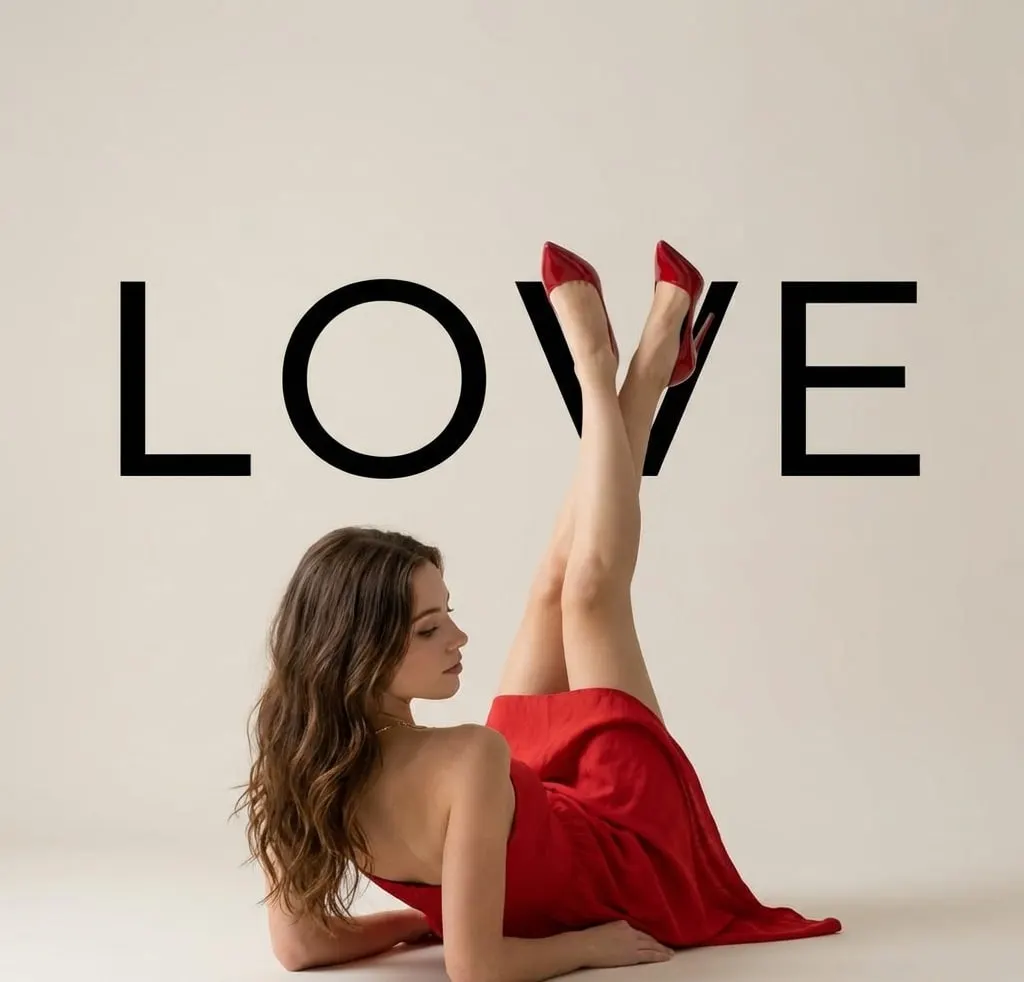 Девушка в красных туфлях и надпись "LOVE"