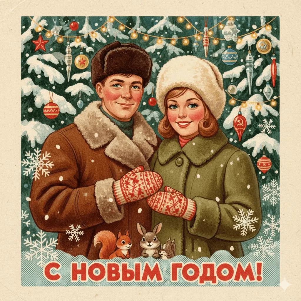 Советская новогодняя открытка промт: новогодний промт для пары в стиле 1950–70-х через ИИ